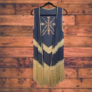 5 for $25🔥Navy Blue‎ Knit Long Fringe Sleeveless Kimono Small